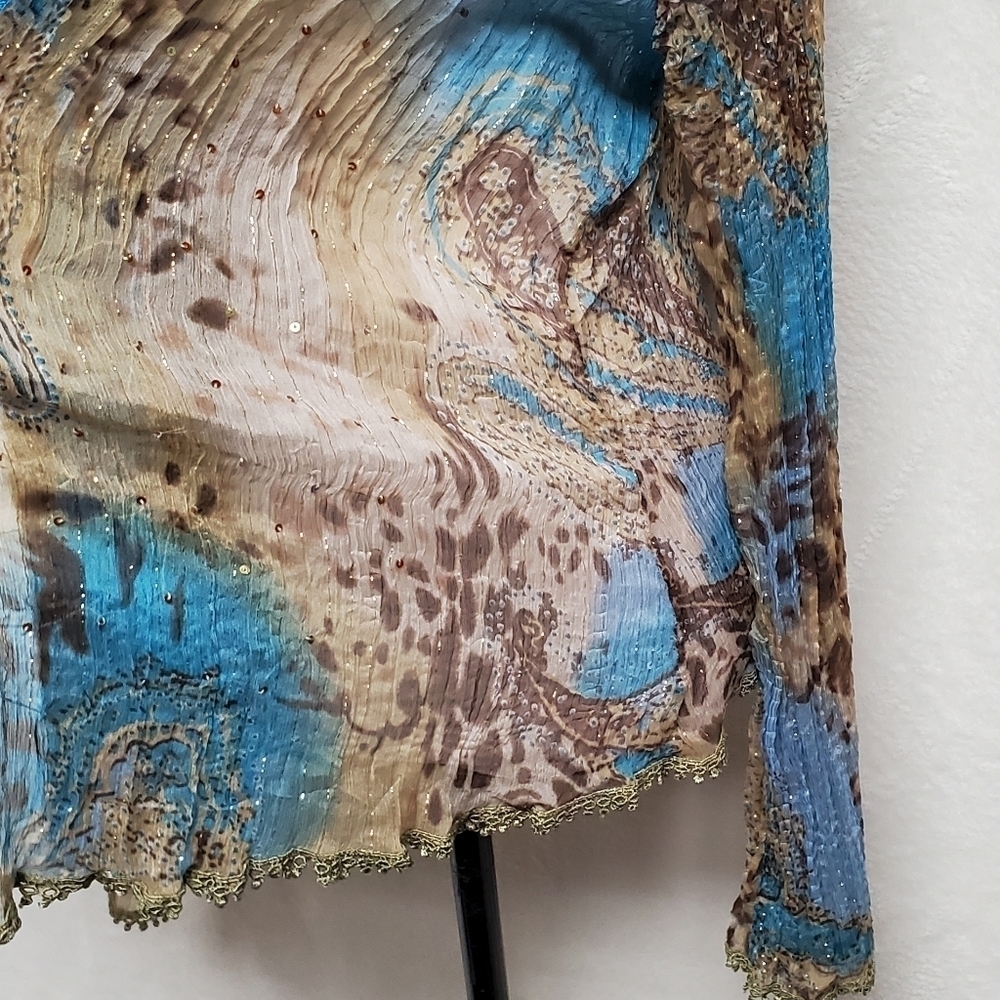 Vintage OOAK Alberto Makali Blue Leopard Print Gold Metallic Knit Abstract Top - Picture 7 of 14